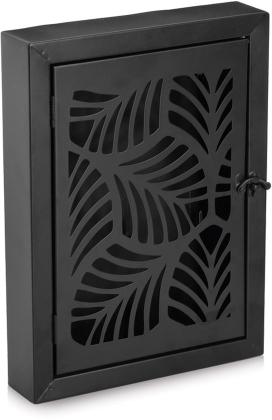 Zwarte metalen sleutelbox met gesloten deur, voorzien van een decoratief opengewerkt bladerpatroon.