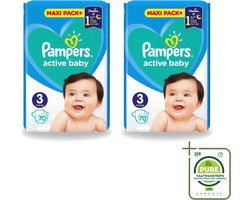 2 x Pampers – Luiers – Active Baby Maat 3 – 70 Luiers - Grootverpakking - Vaatwasstrips - Baby-luiers - Droge Billetjes - Huidbescherming - Luchtdoorlatende Luiers - Absorberende Luiers