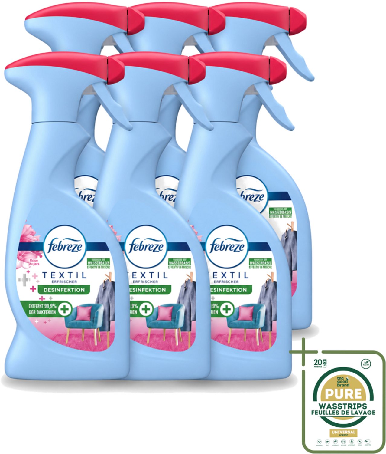 6 x Febreze – Textielspray – Roze Anjers – 375 ml - Wasstrips - Textielgeur - Textielverzorging - Geurverwijdering - Textielspray - Roze Anjers