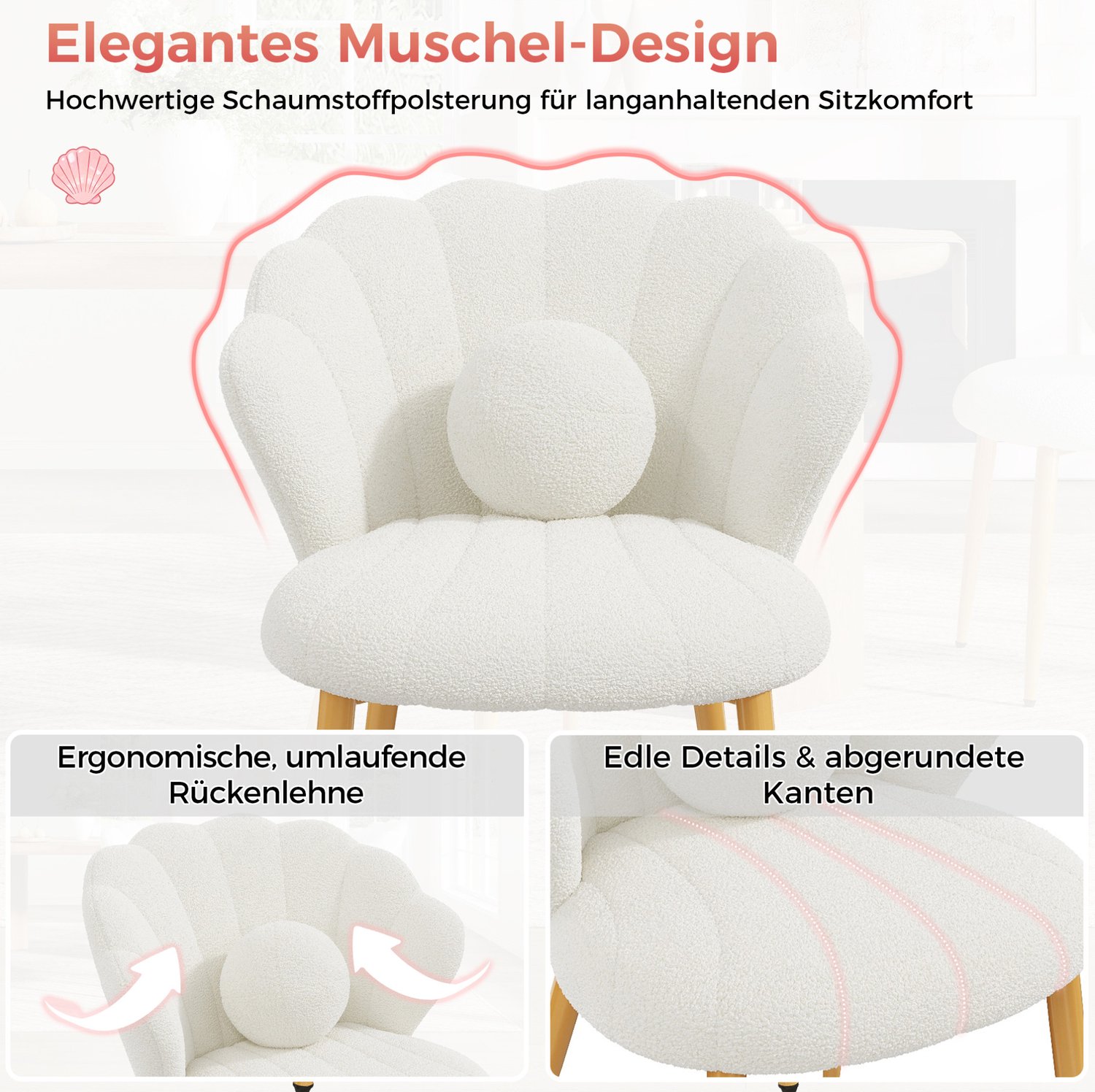 FloraGrace Eetkamerstoel Set Van 6 - Schelpvormige Rugleuning Met Teddystof - Voor Eetkamer En Kaptafel - Metalen Poten - Wit