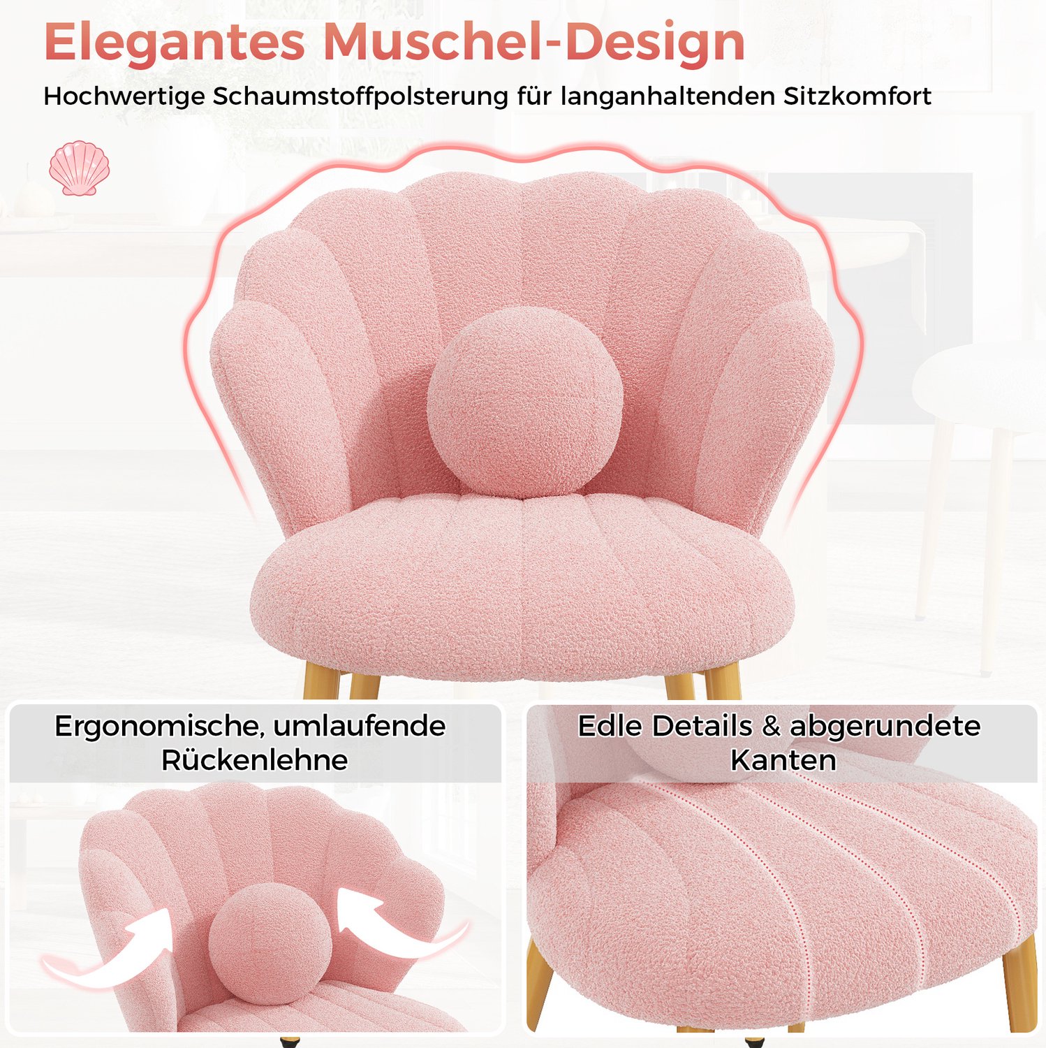 FloraGrace Kuipstoel 60 X 62,5 X 83 Cm - Set Van 4 Met Teddy Stoffering En Rond Kussen - Eetkamer Of Kaptafel - Metalen Poten - Roze