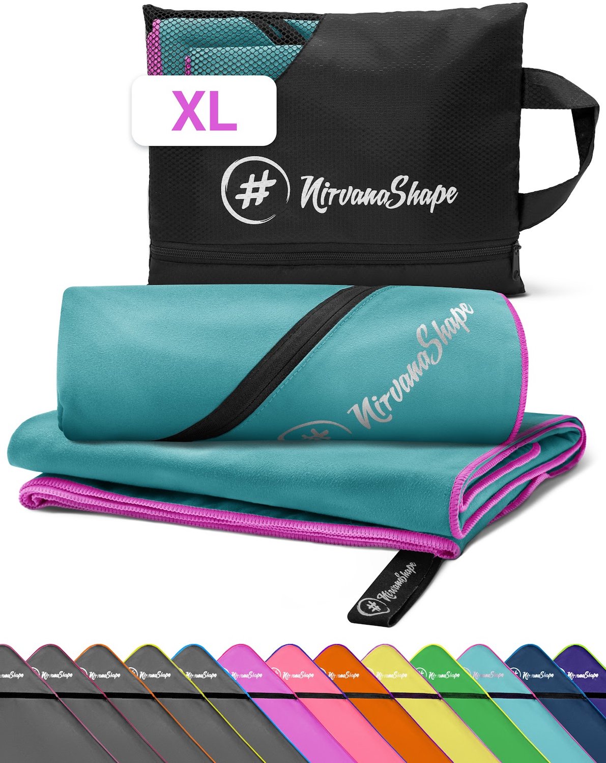 NirvanaShape - microvezel handdoek - strandlaken en badlaken - sneldrogend en absorberend - sporthanddoek met slimme hoekzak - 200 x 100 cm - Turkoois / Roze Rand