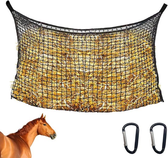 Zwart hooinet gevuld met hooi, met een paardenhoofd en 2 karabijnhaken.
