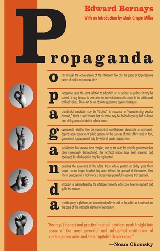 Couverture du livre 'Propaganda' d'Edward Bernays avec extraits de texte et photos en noir et blanc de gestes sur fond orange.