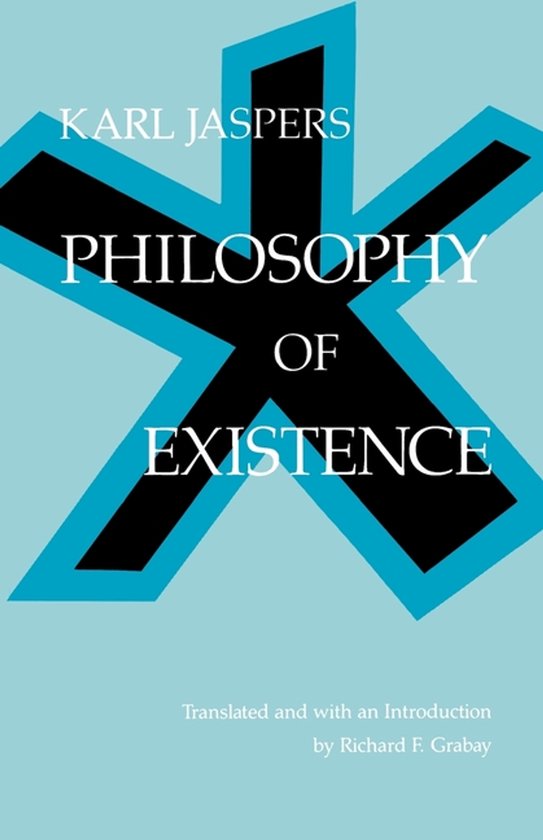 Boekomslag met een grote zwarte ster op een lichtblauwe achtergrond, getiteld "Philosophy of Existence" door Karl Jaspers.