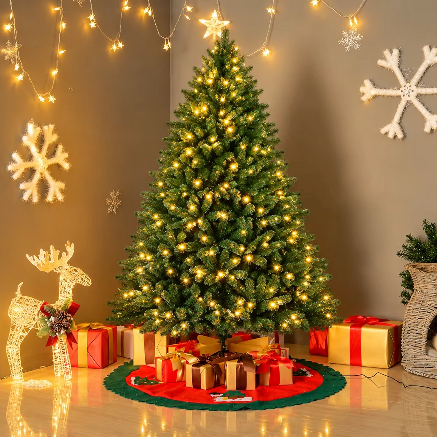 CreateEcom kerstboom - kunstkerstboom - kerstboom 180 cm - Kunstkerstboom met 988 PE- en PVC-takken - vooraf verlichte kerstboom met 300 LED-lampjes - houten voetstuk - basisdiameter 115 cm - complete kerstboom voor thuisdecoratie - 180 cm