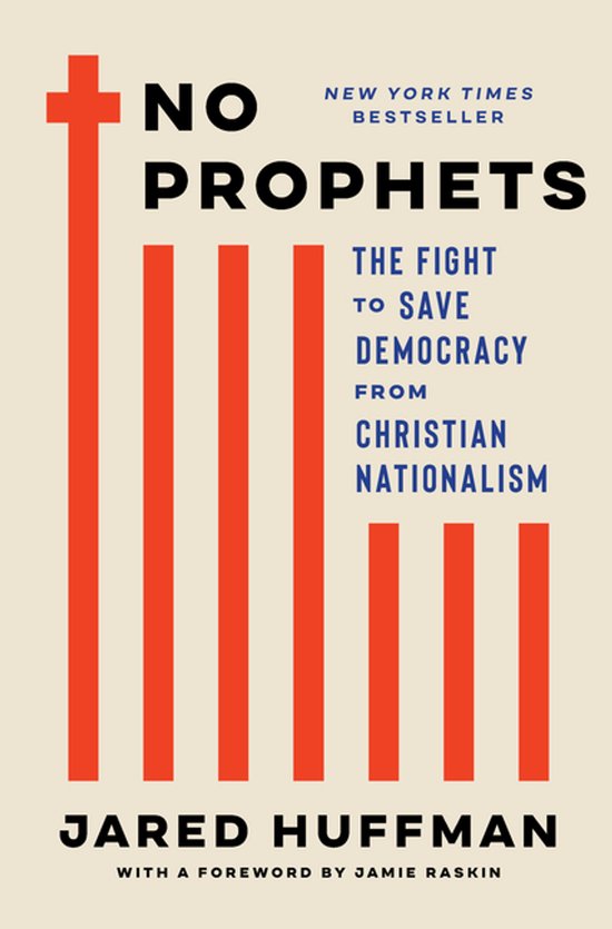 Couverture du livre 'No Prophets' par Jared Huffman, avec une croix rouge et des rayures sur fond beige.