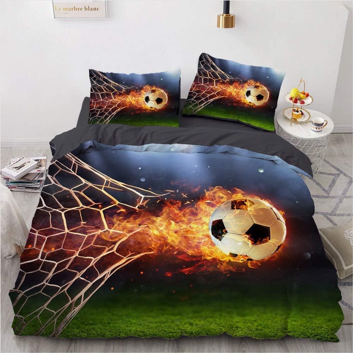 Beddengoed Voetbal 135x200 Jongens 3D Vlam Voetbal Dekbedovertrek Set Zacht Microvezel Beddengoed Voetbal 2-delig voor Jongens Geschenken met Ritssluiting en 80x80 cm Kussensloop Sport022