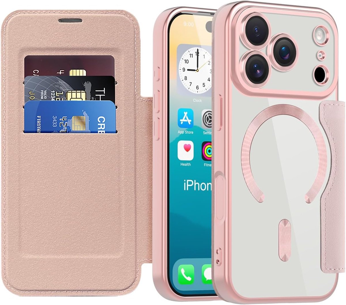 Klaphoesje voor iPhone 17 Pro met kaartenvak, transparant, anti-kras, leren flip telefoonhoes [draadloos opladen] met RFID-blokkering, portemonnee, hoes voor iPhone 17 Pro, rosé JD