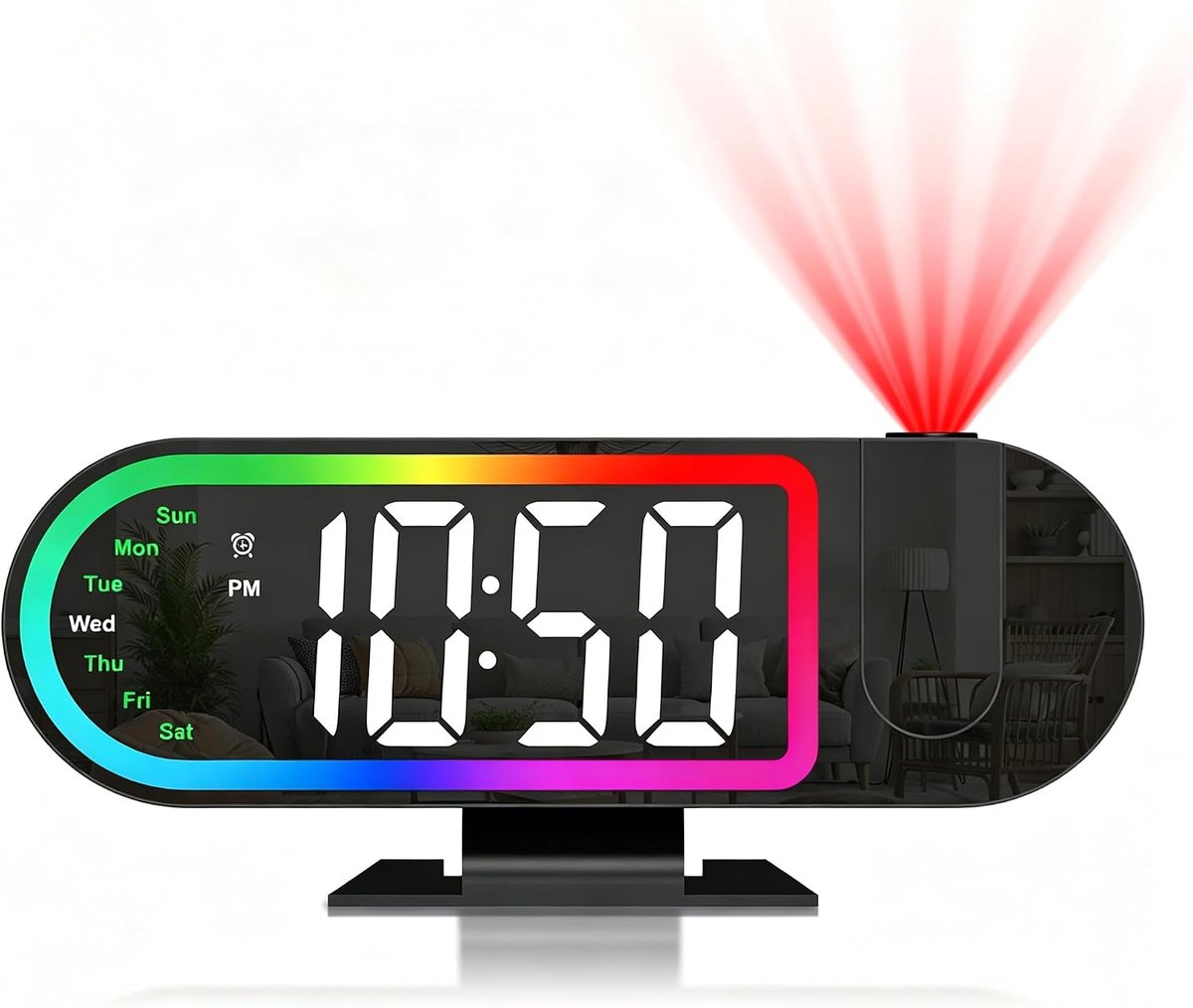 Projectiewekker voor de slaapkamer, 8,5-inch led-display, digitale wekker met 180°-projectie, 4 helderheidsniveaus, 17 RGB-nachtlampje, sluimerfunctie, led-indicatoren voor de weekdag