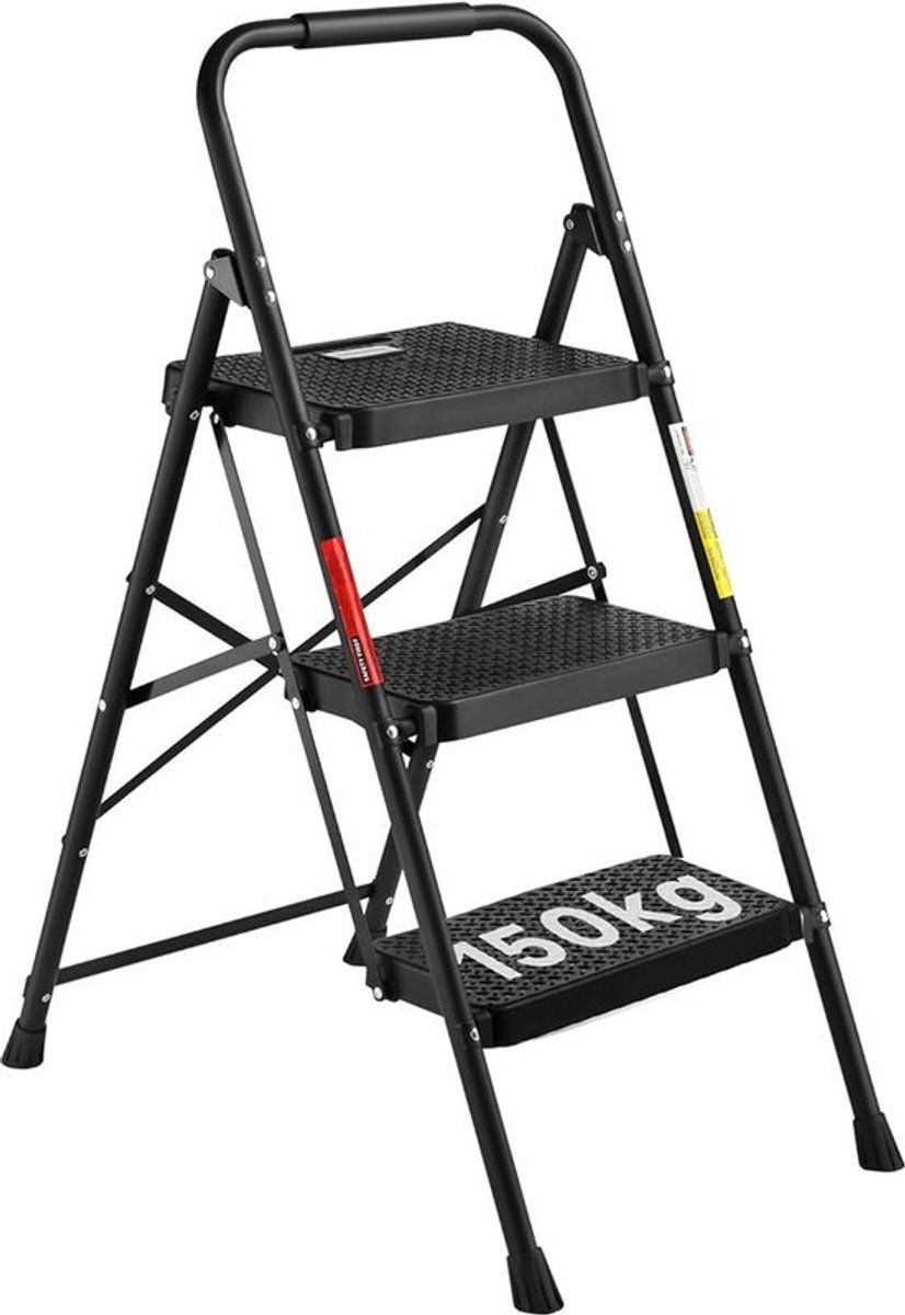 Opvouwbare 3-trapsladder - Zwarte stalen ladder - met antislippedalen en sponsstuur - 150 kg draagvermogen, lichtgewicht en draagbaar voor thuis en buiten