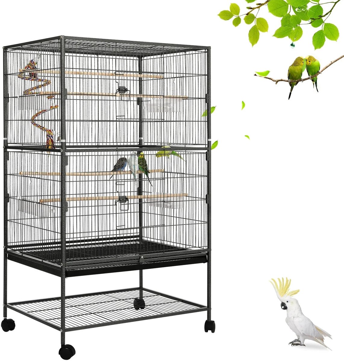 VILIMA - Vogelkooi - Parkietenkooi - Grote vogelkooi - Wieltjes - Incl. 4 zitstokken, 4 voeders en vuilcontainer - 52x78x132 cm