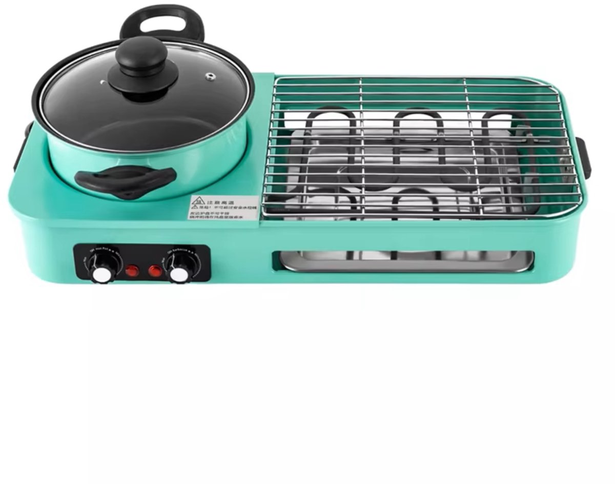 Homezo 3-in-1 elektrische grill - 1 Kookpan met deksel, 1 Bakplaat, 1 Grillrooster - Olie opvangbak - 2200 W - Antiaanbaklaag