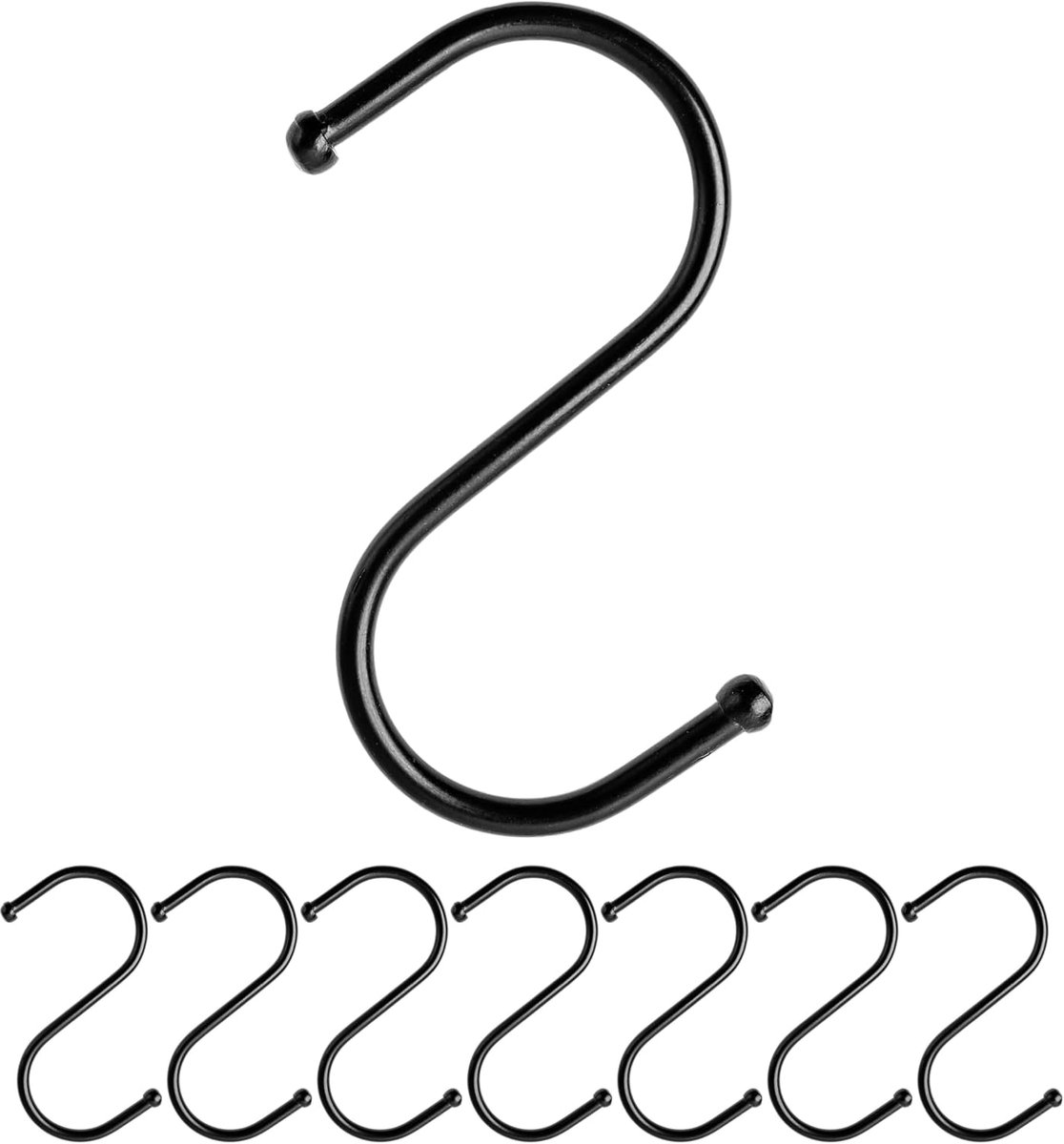 S-haken voor ophanging, 8 stuks, in zwart, metalen haken voor stangen tot Ø 25 mm, lengte 68 mm, S-haken voor keuken, kledingstang, garage, pot, pan, beker, ophanghaken, keukenhaken, dubbele haakset