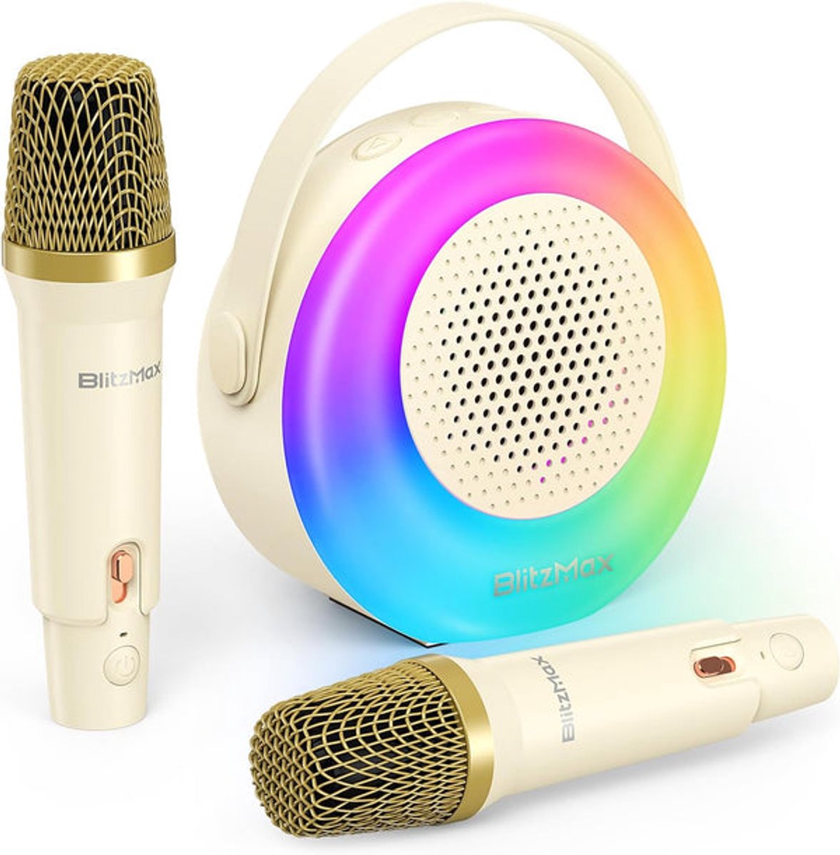 Karaoke-machine met 2 draadloze microfoons, Bluetooth-karaoke-luidspreker voor kinderen en volwassenen - Beige