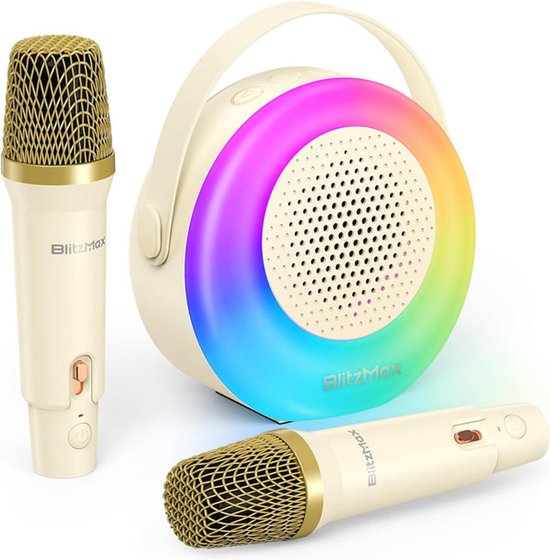 Beige BlitzMax karaoke machine met ronde, gekleurde LED-verlichting en twee draadloze microfoons met gouden grill.