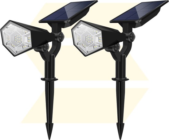 Twee zwarte Solgaro Spotta led-tuinspots met zonnepaneel en grondspies.