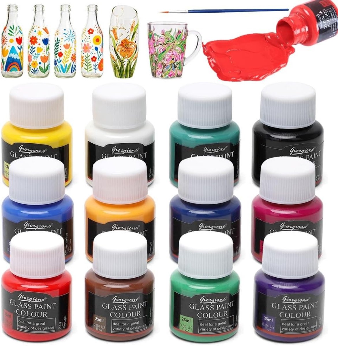 12 x 25 ml glasverf set voor porselein en keramiek, vaatwasmachinebestendig, UV-bestendig, hoog gepigmenteerd en waterdicht voor diverse glasoppervlakken
