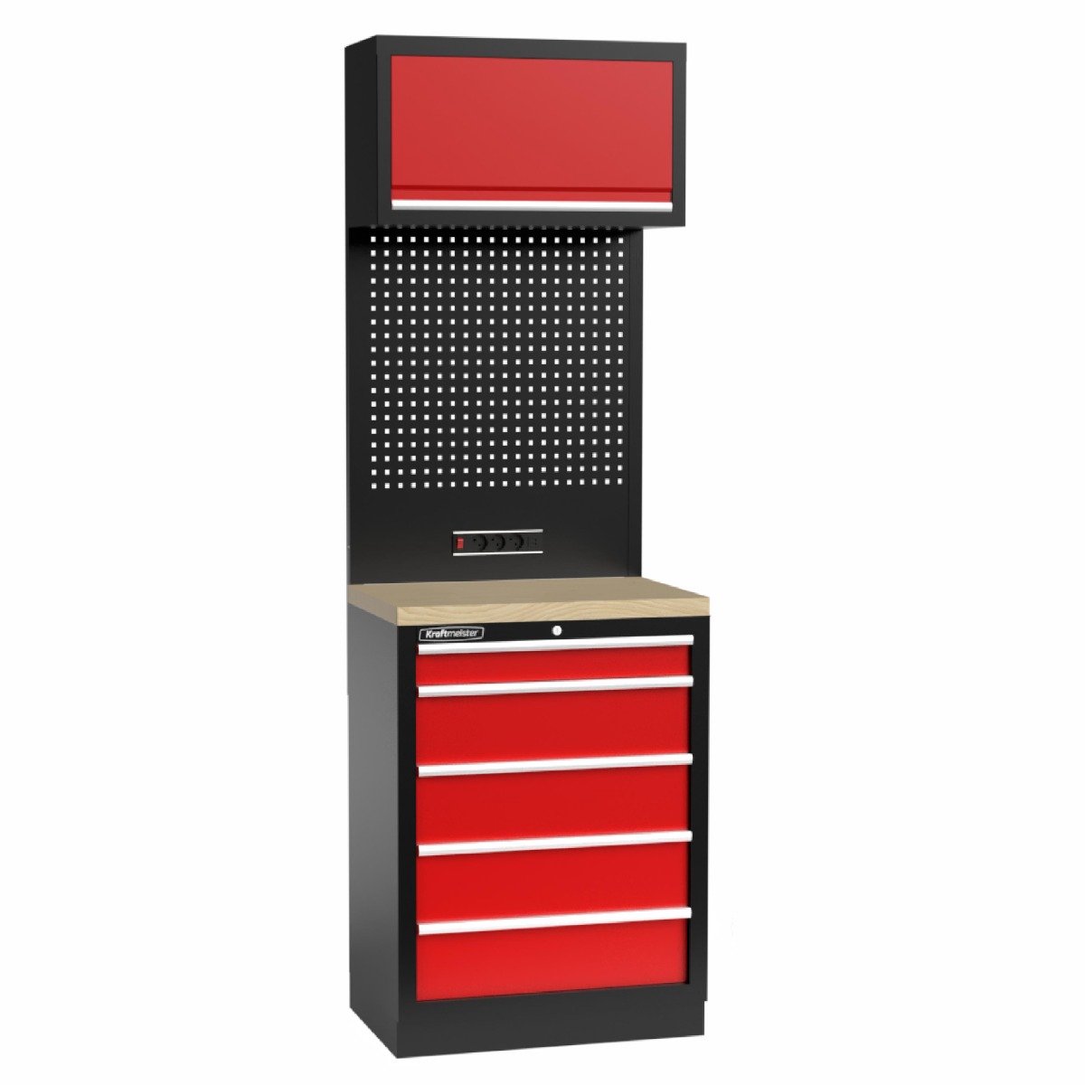 Kraftmeister werkplaatsinrichting - Werkbank met 1 wandkast en multiplex werkblad - Werktafel met 5 laden en gereedschapswand - Complete set voor werkplaats of garage - Rood