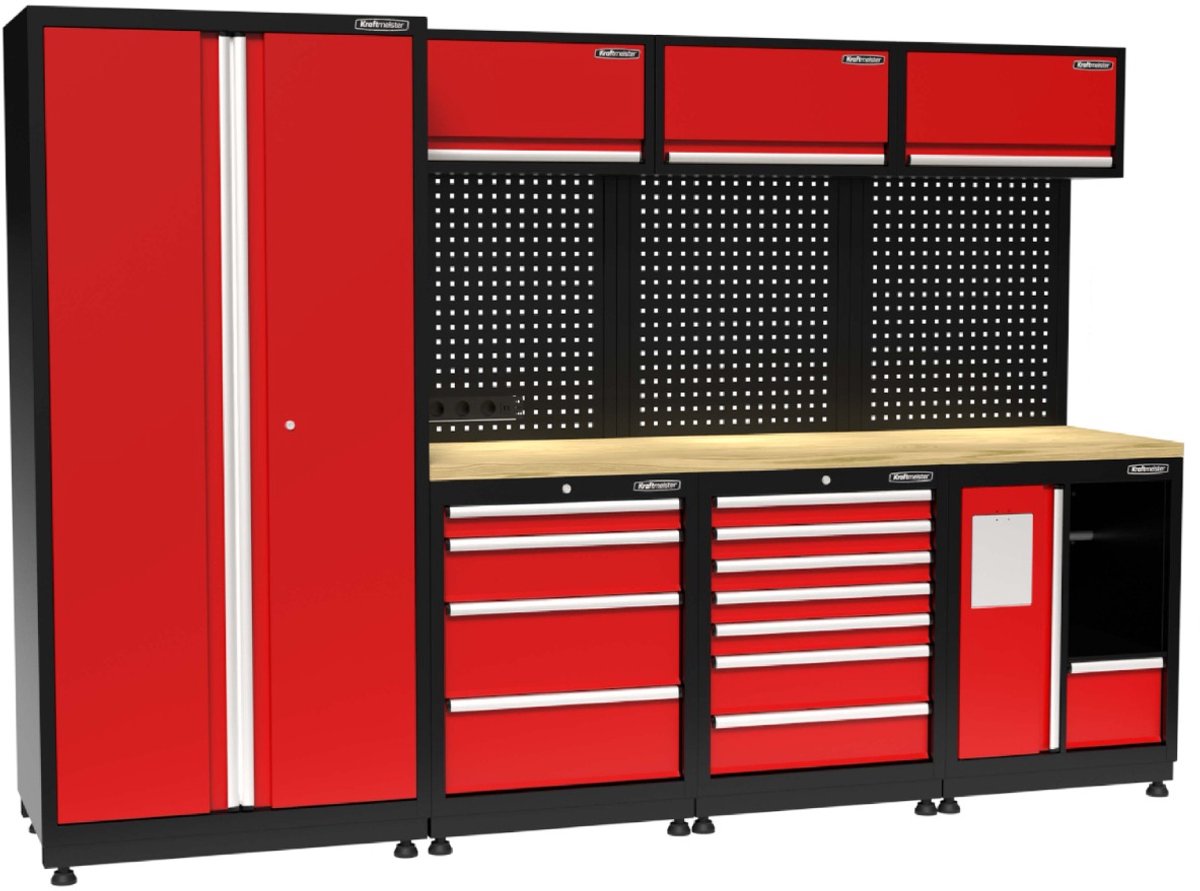 Kraftmeister werkplaatsinrichting - Werkbank met 3 wandkasten, 1 werkplaatskast, 1 prullenbak en eiken werkblad - Werktafel met 11 laden en gereedschapswand - Complete set voor werkplaats of garage - Rood