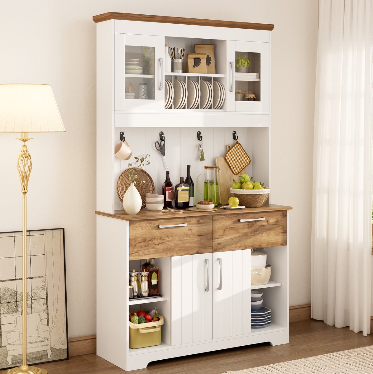 WUVRIE - Keukenkast 106 x 39 x 176,5 cm - Vitrinekast met 2 lades en hakenrek - Wit/houtkleur