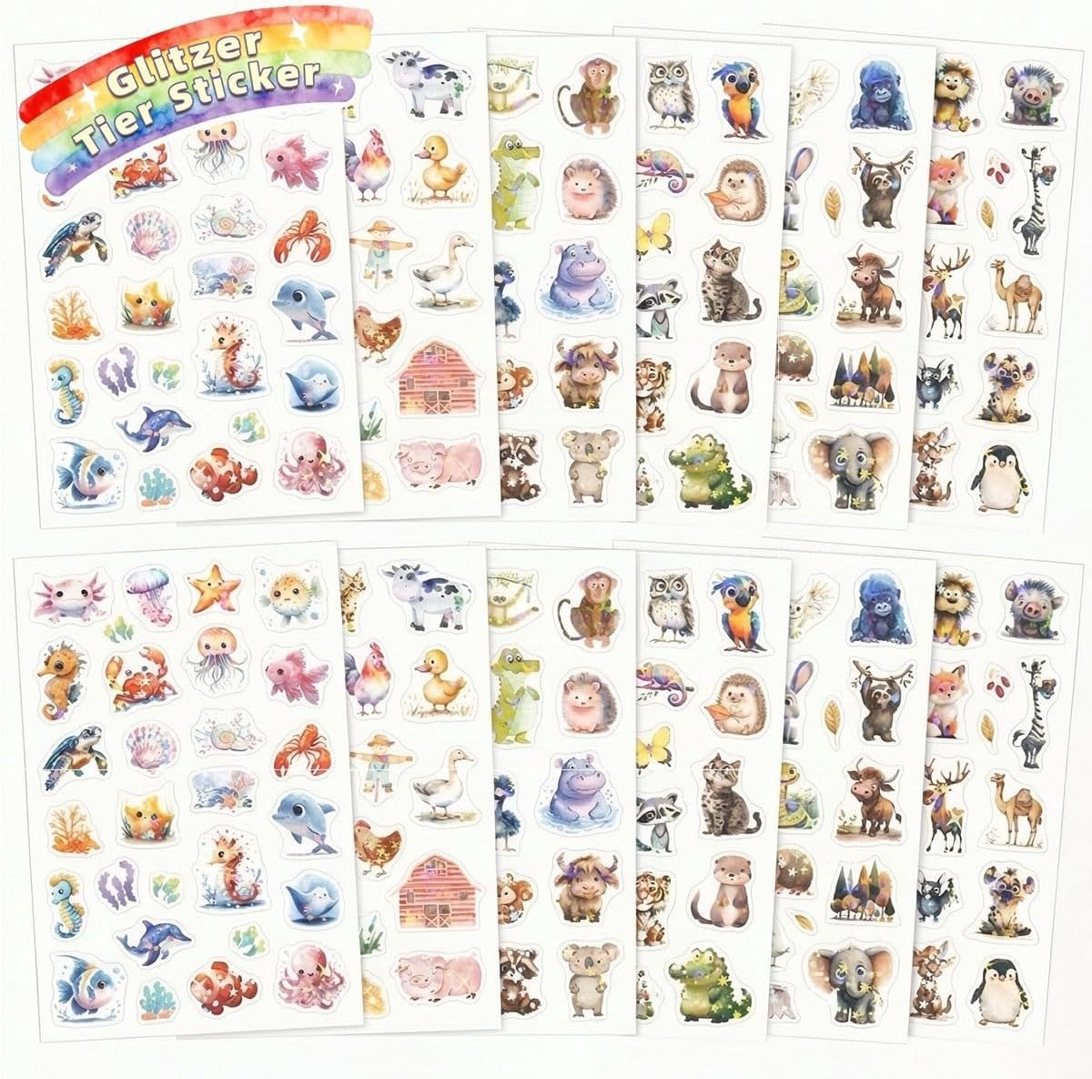 12 Stuks Glitter Stickers voor Kinderen - Motivatie Stickers met Dinosaurus en Boerderij Thema voor Scrapbooking, Fotoalbums en Dagboeken
