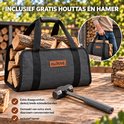 Grijze Canvas houttas, vol met hout, met een hamer ernaast. Inzet toont een man die de tas draagt. Text overlays over draagcomfort en materiaal.