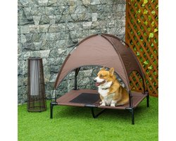 REDOM - Verhoogd hondenbed met baldakijn - Ademende mesh en 600D Oxford stof - Metalen frame met antislip rubberen voeten - Outdoor en camping - Bruin - 92 x 76 x 90 cm