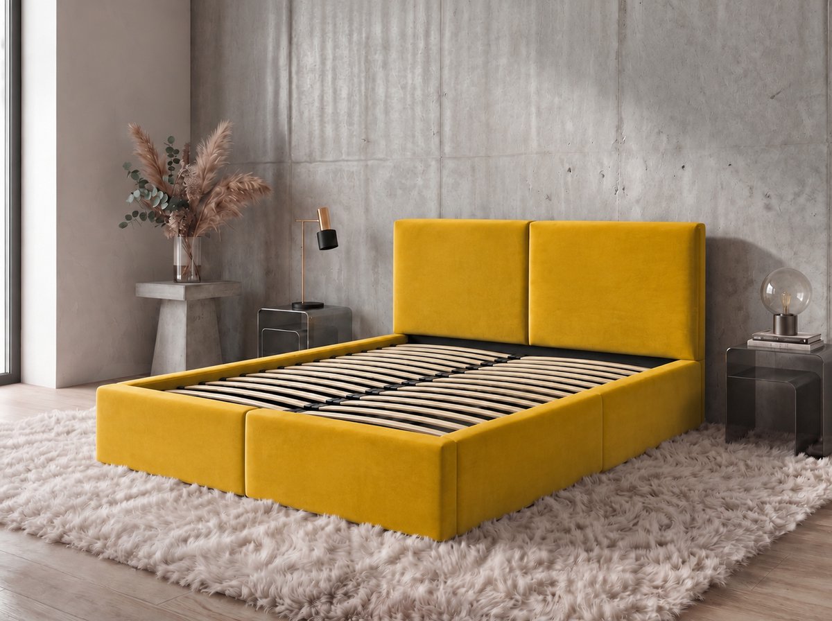 BMS HILTON Upholstered Bedroom Bed 160x200 with Storage, Mustard