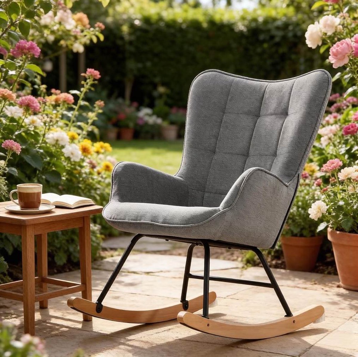 REDOM Schommelstoel - Hoge rugleuning - Gebogen houten onderstel - Metalen frame - Velvet - Donkergrijs - 67,5 x 80 x 95 cm