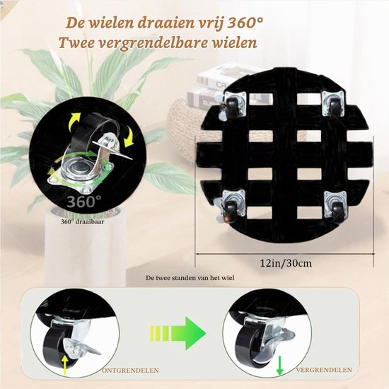 Set van 2 Plantrollers met 360° Bevestigingsstangen, Stevige Houten Onderzetters voor Bloempotten, Ideaal voor Binnen en Buiten Gebruik, Verplaatsbare Bloempotten en Planten