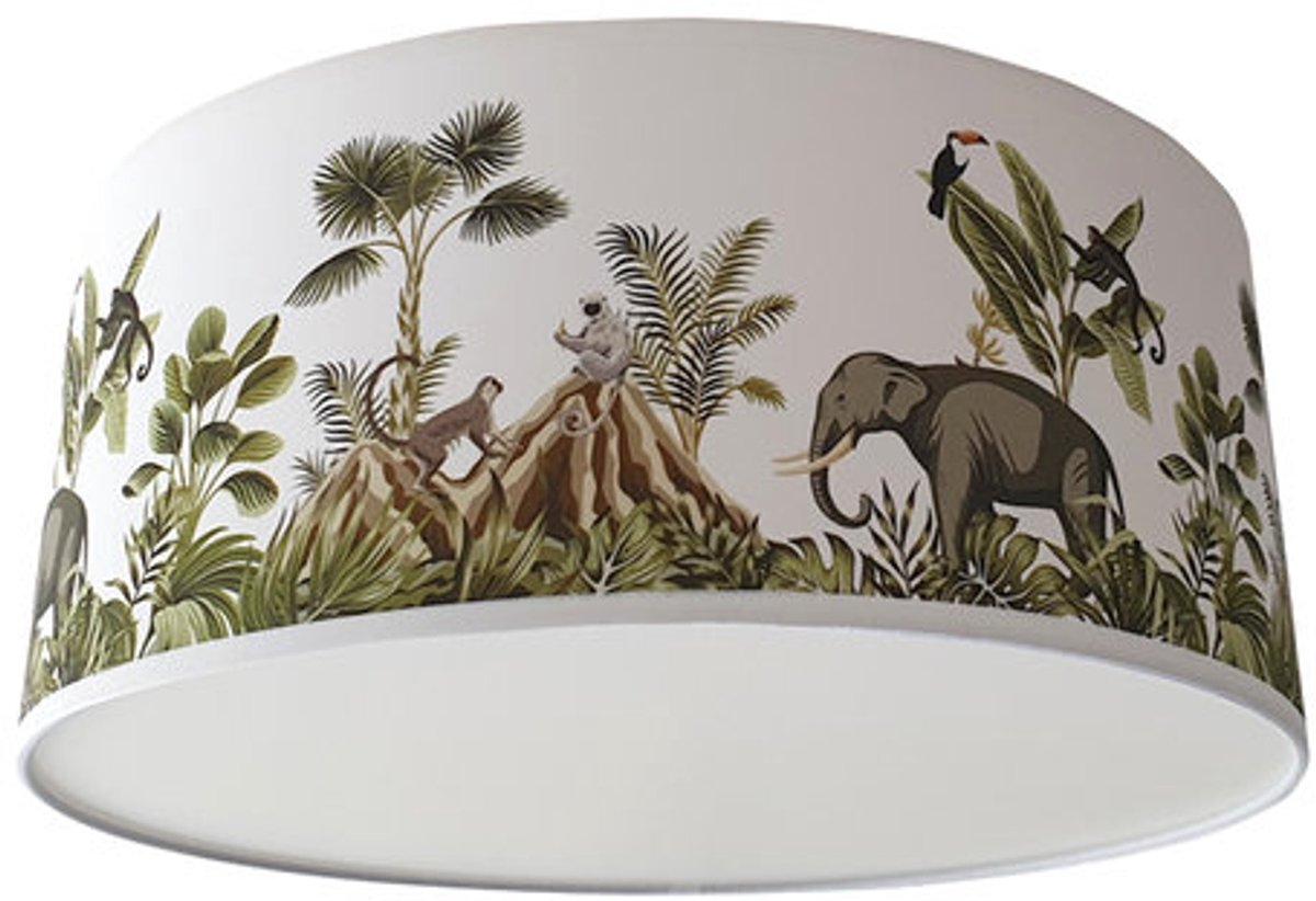 Plafondlamp jungle monkey-vulkaan-sfeerverlichting-diffuser-35 diameter 15 cm hoog-E27 fitting-kinderkamer-jungle-aapjes-olifant