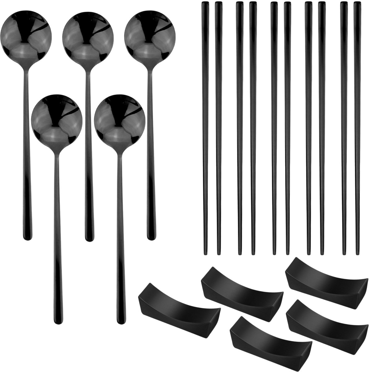 House of Husk Aziatischa Bestek en Chopstick Set - 5 Persoons - Metalen Koreaanse Eetstokjes - Inclusief Eetlepel en Houder - RVS - Metaal - Vaatwasserbestendig - Zwart