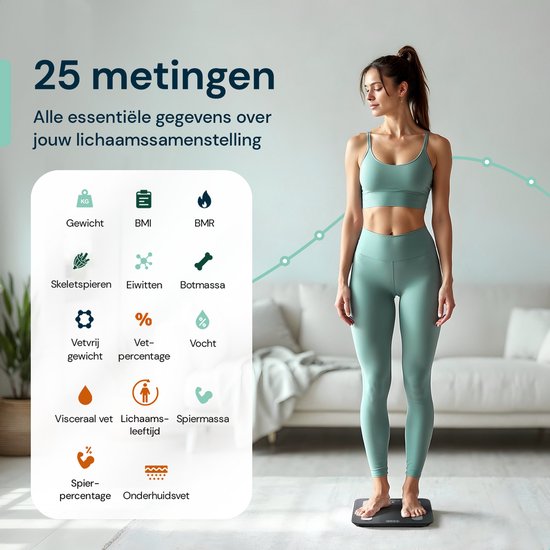 Une femme en tenue de sport se tient sur une balance connectée affichant 25 mesures de composition corporelle.