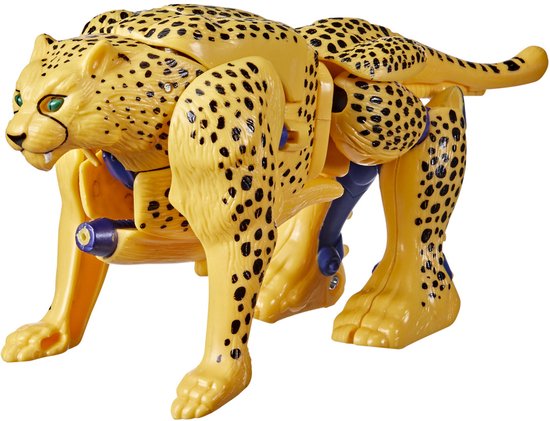 Gele Cheetor-transformatiefiguur met zwarte vlekken, groene ogen en blauwe mechanische details.