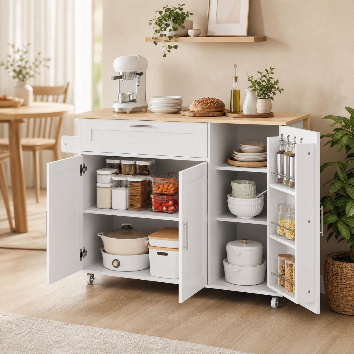 WUVRIE - Mobiele keukenkast 132,5x44(70)x90 cm - Uitklapbaar werkblad, 5 wielen en opbergruimte - Wit/naturel