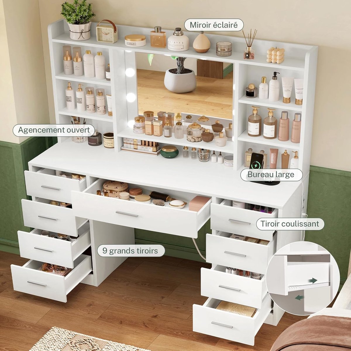 Kaptafel 107 x 144 x 40 cm, 9 laden en 7 planken, LED-verlichting, 2 stopcontacten en 2 USB-poorten, wit - Industrohome