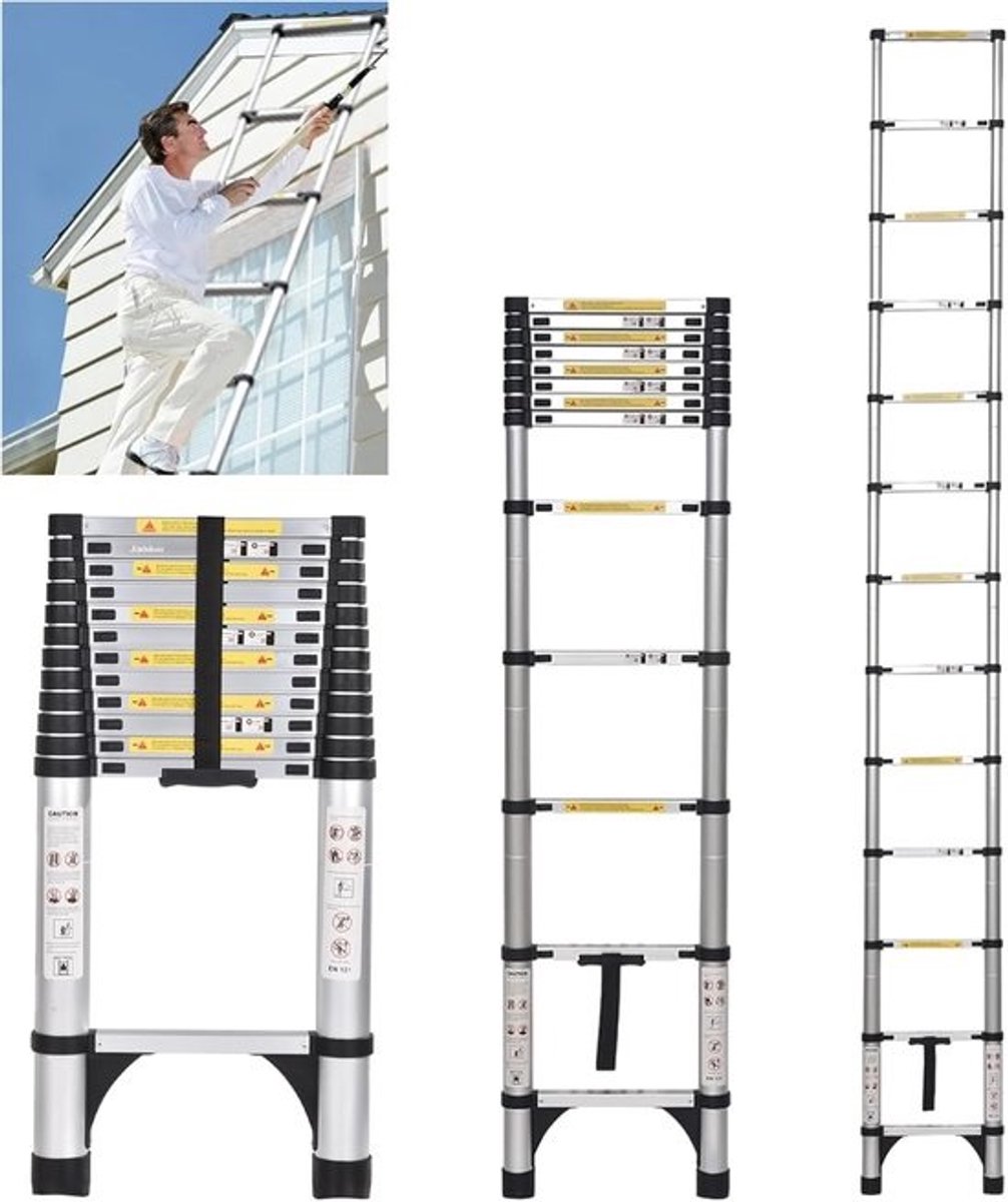Telescopische aluminium ladder - 6,2 m uitschuifbaar - 150 kg draagkracht