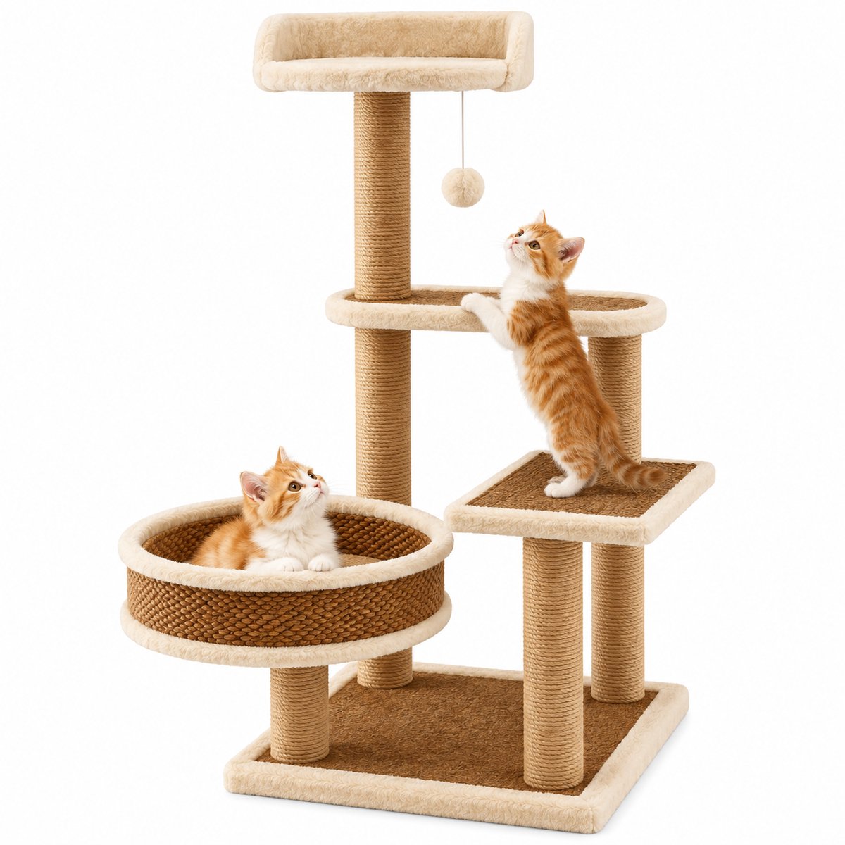 VILIMA - Krabpaal - Krabpaal voor katten - Kattenboom - Voor klein tot middelgrote katten - Afneembaar kussenbed - Hangend bal speeltje - 4 niveaus - Bruin