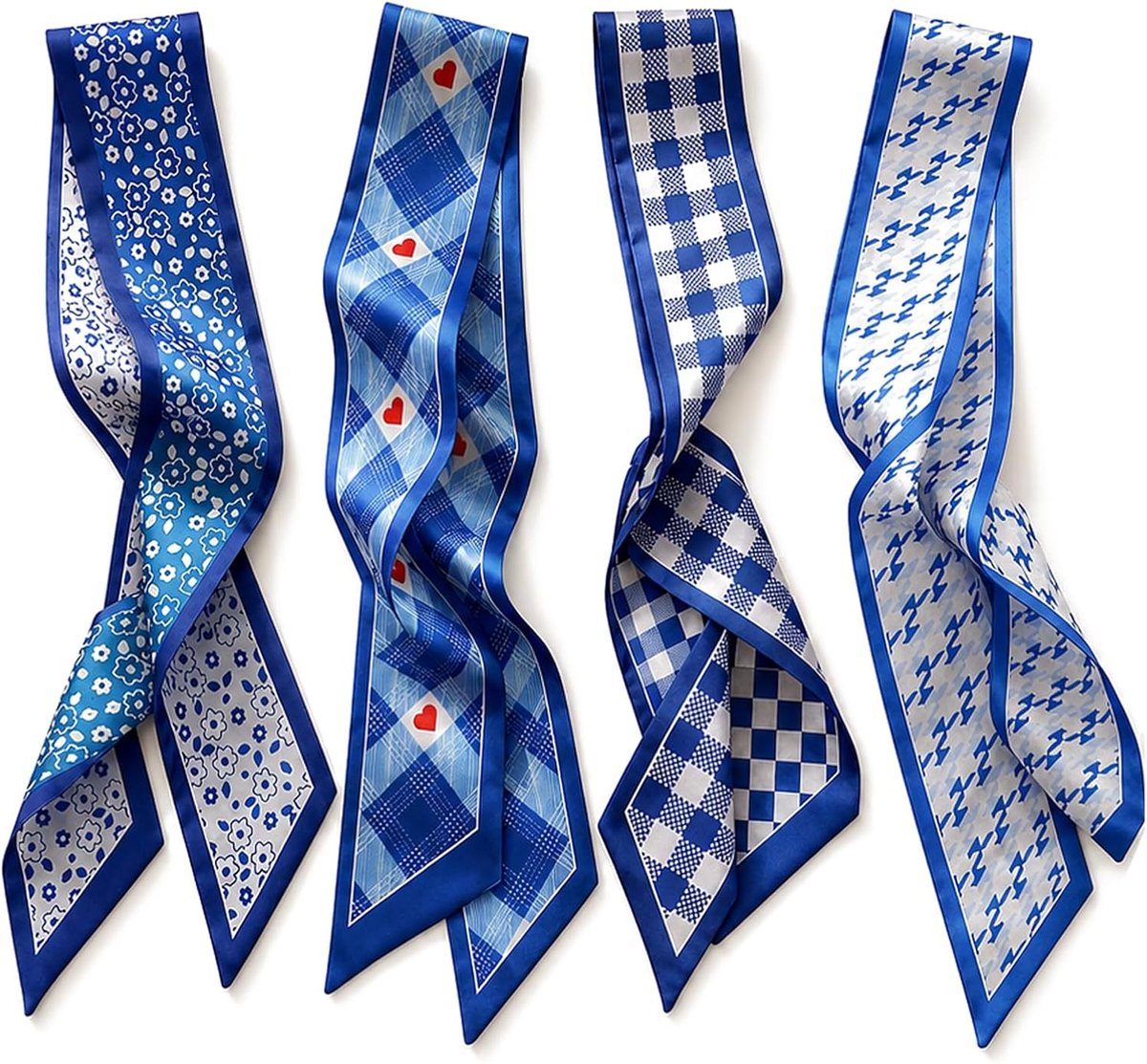 4 stuks Echte Zijden Sjaaltjes, Handtas Sjaal Blauw, dunne modieuze zijden sjaaltjes met verschillende patronen (bloemen, ruit met hartjes, geruit, pied de poule) veelzijdig te gebruiken