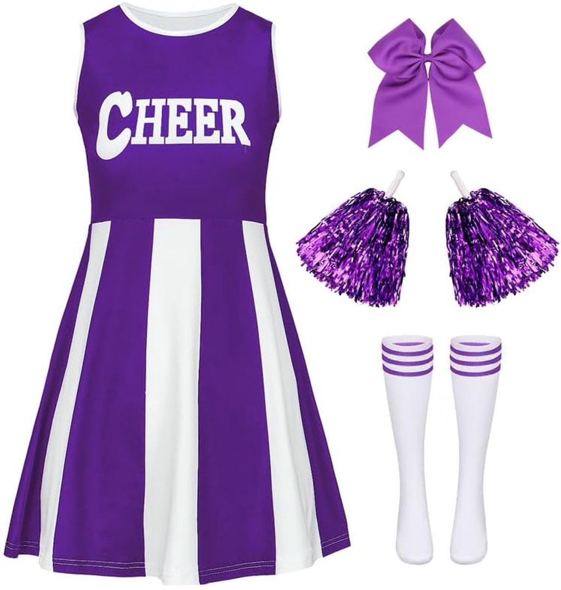 Cheerleader-kostuum voor kinderen, meisjes, cheerleader-kostuum, outfit, cheerleading, uniform, jurk met haarelastiek, pompons en sokken, carnavalskostuums voor kinderen, voor carnaval