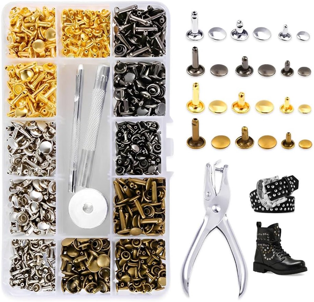 180 stuks klinknagels voor leer, 12 mm/8 mm/6 mm, voor kleding met gattang, buisklinknagels met dubbele kap, studs voor kleding om te knutselen, decoratie, 4 kleuren