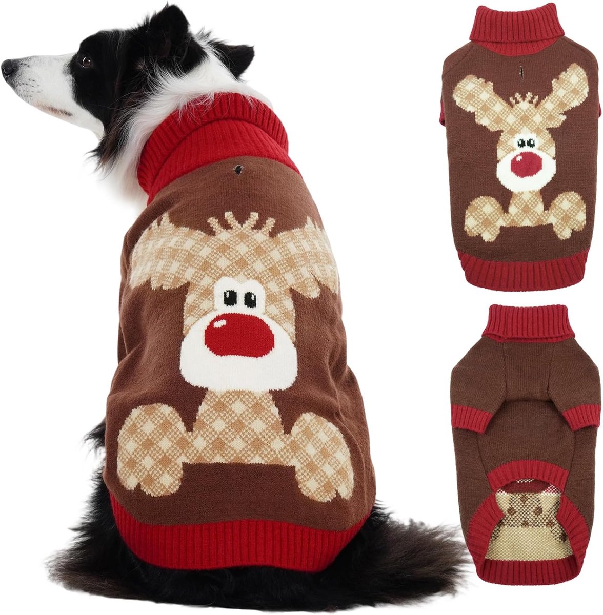 Kersttrui voor honden, feestelijk rendier en tartan gebreid, dik en warm, met riemgat, hoge hals, ideaal voor cocker-spaniël, weestie, shiba inu, bruin, XL