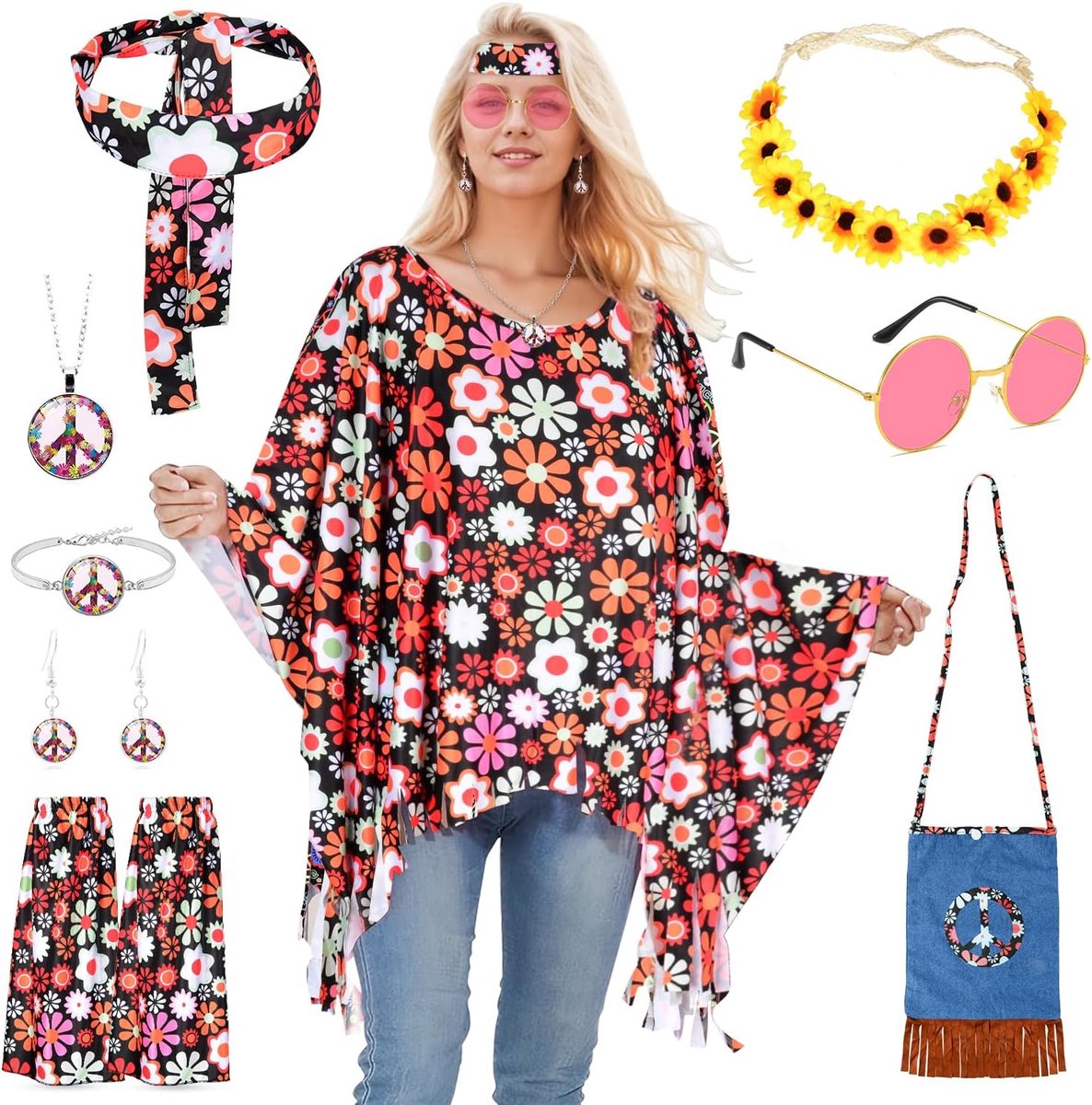 Hippiekostuum voor dames, 9-delig carnavalskostuum voor dames met hippie-cape, haarband, bloemen, schoudertas, zonnebril, hippiekostuum jaren '70 voor feestjes, carnaval