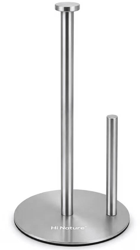 Porte-rouleau de cuisine argenté en acier inoxydable avec une tige pour un rouleau et une tige plus courte à côté.
