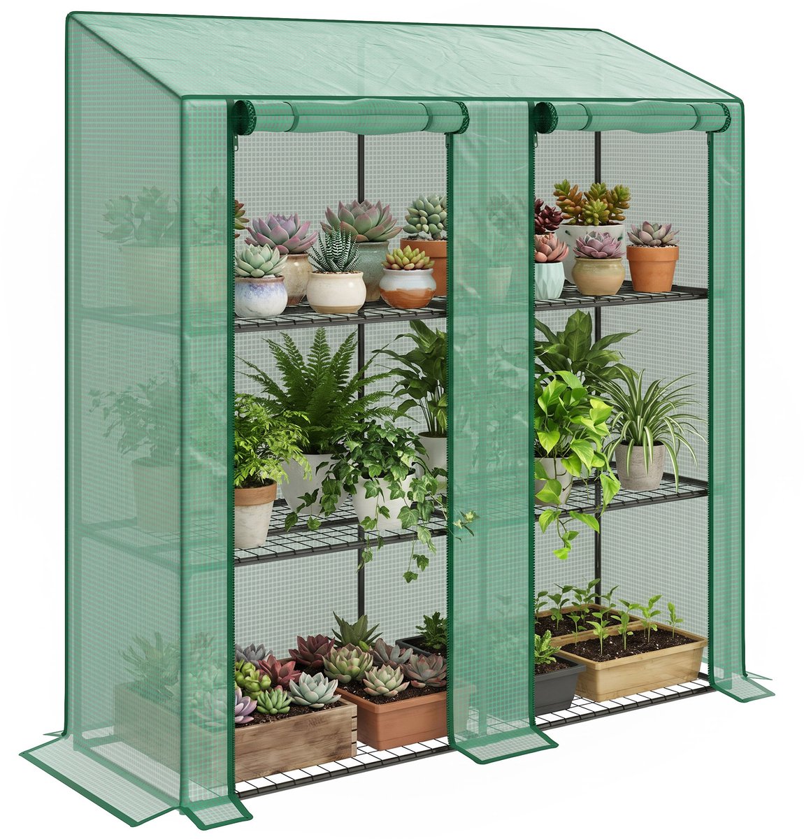 Kas 143×46×151 cm groen metaal en kunststof, 3-laagse kas, kweekkas, plantenkas voor jonge planten, stevig en duurzaam, eenvoudig design, praktisch en mooi, geschikt voor balkon, tuin en terras – foto 2