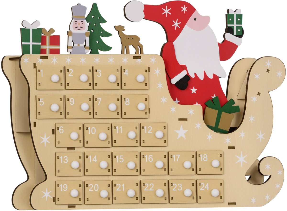 TEKROA®Houten Adventskalender met 24 Lades Kerstman Naturel 22,5x8x36 cm