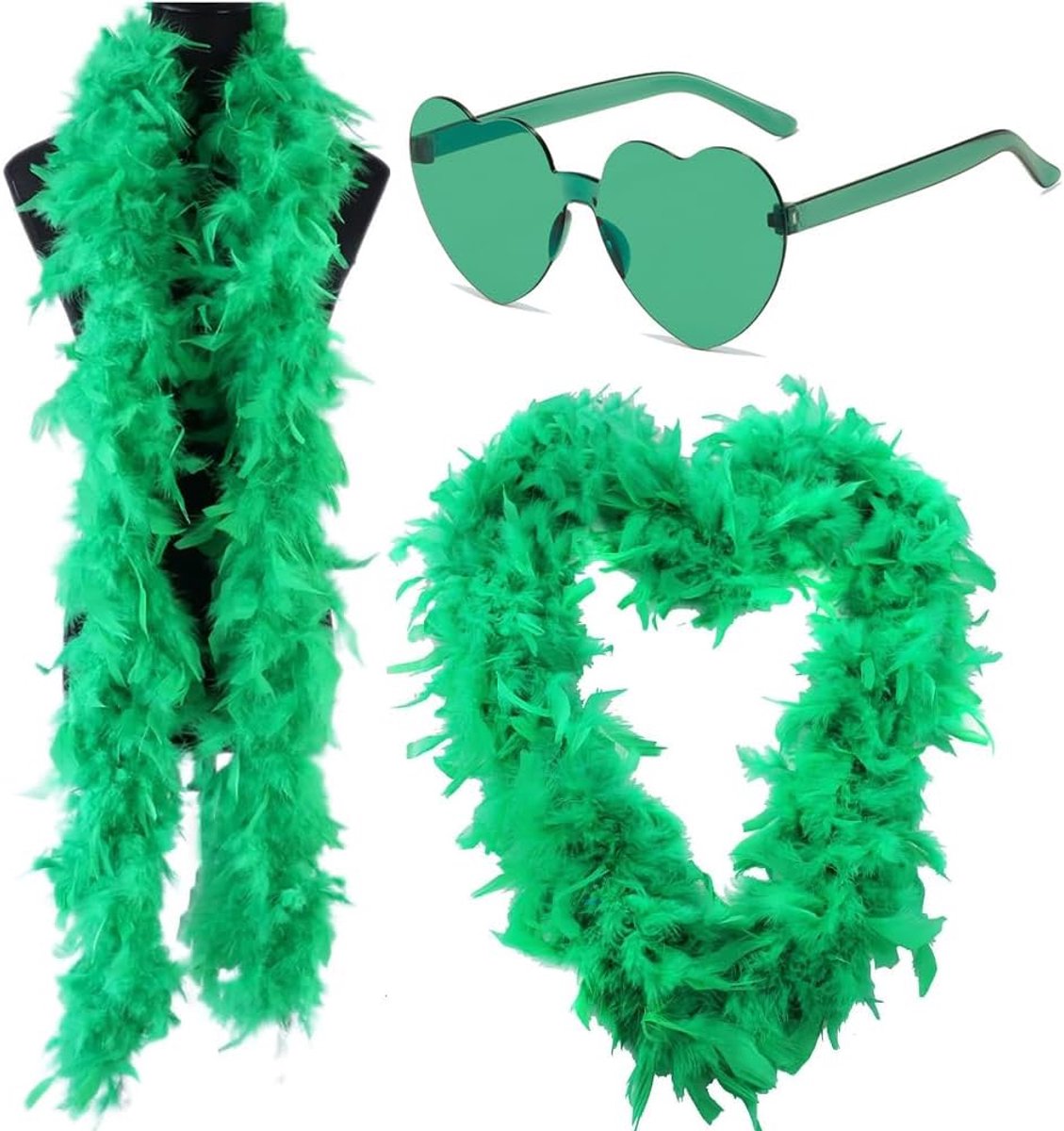 2 Meter Veren Sjaal Kostuumaccessoire Donzige Verenboa met Feestbril Verenboa's voor Vrouwen Kalkoenverenboa's Decoratie voor Bruiloft,Verkleedfeest,Cosplay,Carnaval(Groen)