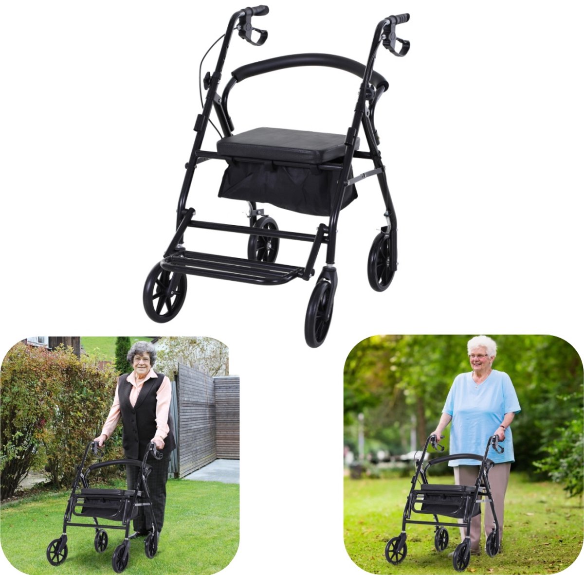 Rollator - vierwielige rollator - rolstoel - met handvat - met rem - opvouwbaar - lichtgewicht - met opbergmand - met voetsteun - draagkrachtig - buitentoebehoren - geschikt voor ouderen, reizen (zwart, 87*90cm)
