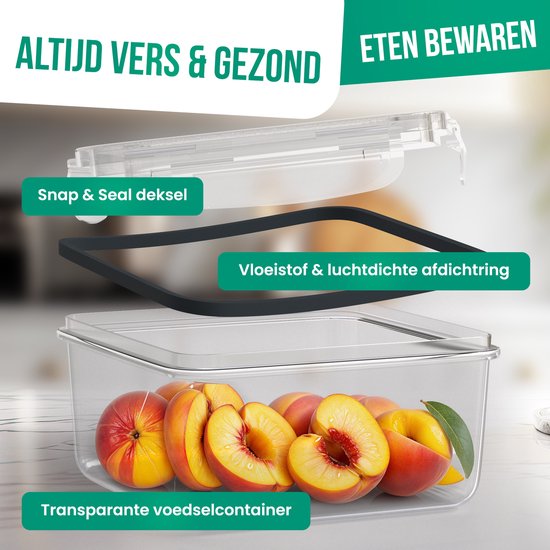 Contenant alimentaire transparent avec couvercle 'Snap & Seal' et joint étanche aux liquides et à l'air, rempli de pêches.